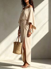 Linhara CURVE Plus Size Cold Shoulder Flutter Sleeve Side Knot Fitted Bodycon Dress, Off-Shoulder Bell Sleeve Twisted Waist Party Dress - Apricot - View 4