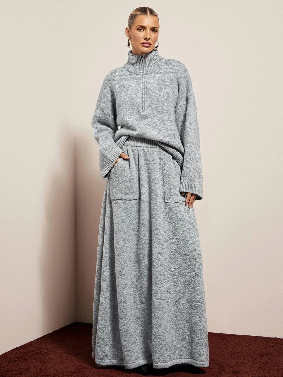 Hauture Slouchy Double Pocket Knit Midi Skirt Women Grey High Waist Loose Straight Long Woolen Skirt - Grey - View 1