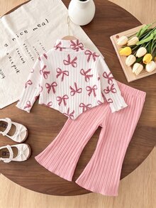 SHEIN 女嬰 2 件組春夏/秋冬長袖針織套裝，印花不對稱下擺小立領上衣 + 喇叭褲，柔軟休閒嬰兒服飾套裝，適合 - 彩色 - 查看 2