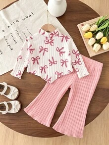 SHEIN 女嬰 2 件組春夏/秋冬長袖針織套裝，印花不對稱下擺小立領上衣 + 喇叭褲，柔軟休閒嬰兒服飾套裝，適合 - 彩色 - 查看 3