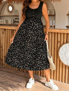 SHEIN 孕婦夏季休閒可愛趣味優雅大方印花拼接無袖哺乳洋裝 正式生日出院寶寶迎新派對黑色 - 黑色 - 查看 5