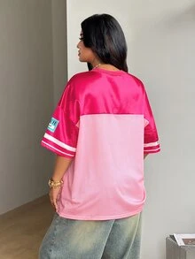Coolane Women's Plus Size Summer Fall Pastel Pink Gothic Breathable Mesh Graphic Number Pattern Color-Blocked Jersey T-Shirt - Pink - View 6