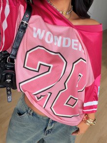 Coolane Women's Plus Size Summer Fall Pastel Pink Gothic Breathable Mesh Graphic Number Pattern Color-Blocked Jersey T-Shirt - Pink - View 4