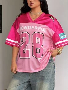 Coolane Women's Plus Size Summer Fall Pastel Pink Gothic Breathable Mesh Graphic Number Pattern Color-Blocked Jersey T-Shirt - Pink - View 5