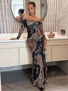 Aloruh Women's Elegant Sexy Cold Shoulder Fitted Printed Long Sleeve Dress, Evangelical, Halloween, Fall, Night Out Black And White Leopard Print - Multicolor - View 1