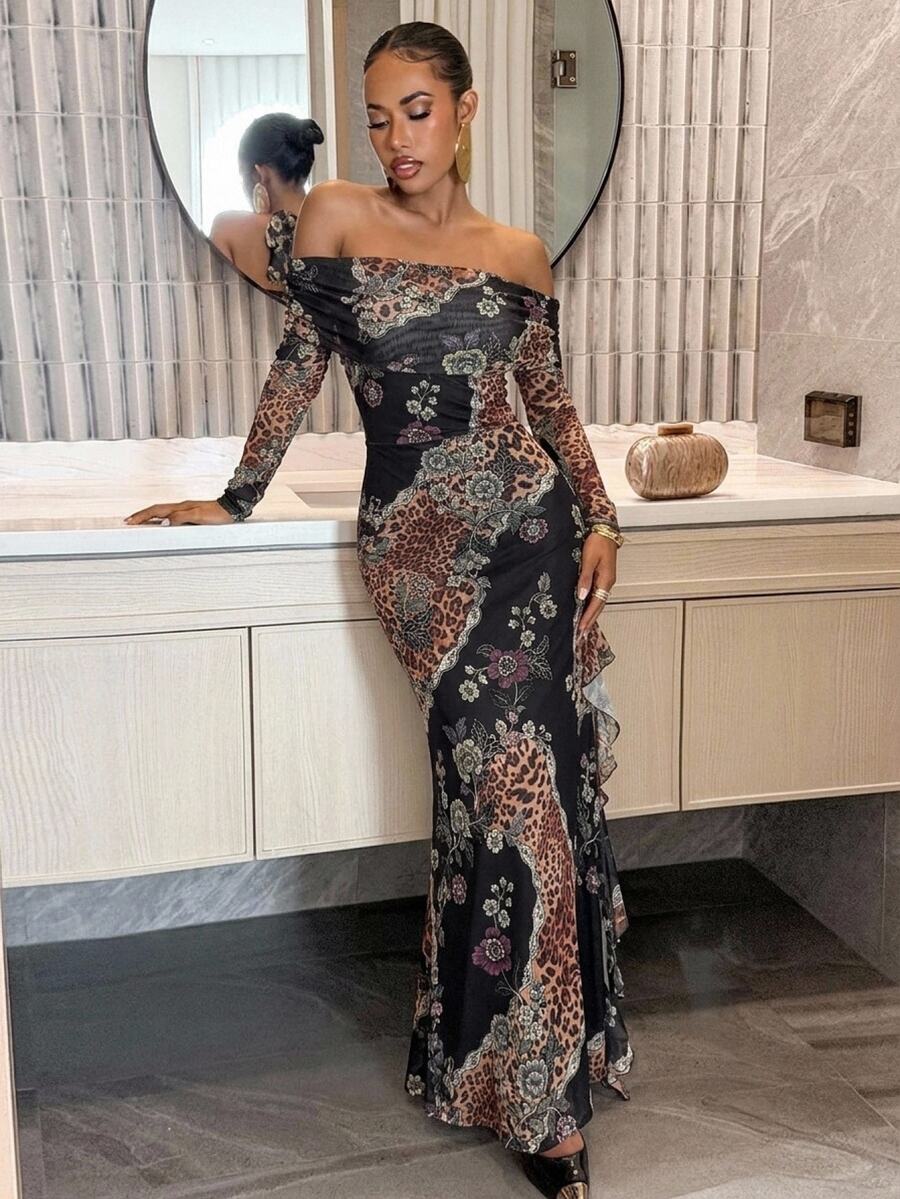 Aloruh Women's Elegant Sexy Cold Shoulder Fitted Printed Long Sleeve Dress, Evangelical, Halloween, Fall, Night Out Black And White Leopard Print - Multicolor - View 1