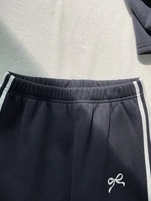 SHEIN Tween女孩海軍藍童裝對比白色飾帶長袖拉鍊外套與寬腿長褲2件套 - 藏蓝色 - 查看 9