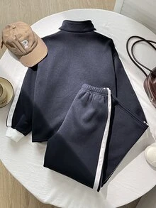 SHEIN Tween女孩海軍藍童裝對比白色飾帶長袖拉鍊外套與寬腿長褲2件套 - 藏蓝色 - 查看 7