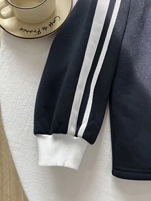 SHEIN Tween女孩海軍藍童裝對比白色飾帶長袖拉鍊外套與寬腿長褲2件套 - 藏蓝色 - 查看 6