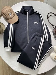 SHEIN Tween女孩海軍藍童裝對比白色飾帶長袖拉鍊外套與寬腿長褲2件套 - 藏蓝色 - 查看 2