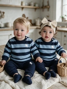 SHEIN 2pcs Baby Boys Sweatshirt Pants Set Preppy Navy Striped Horse Logo Ribbed Cuffs Long Sleeve Round Neck Regular Outdoor Fall Holiday Jumpers - Navy Blue - View 1