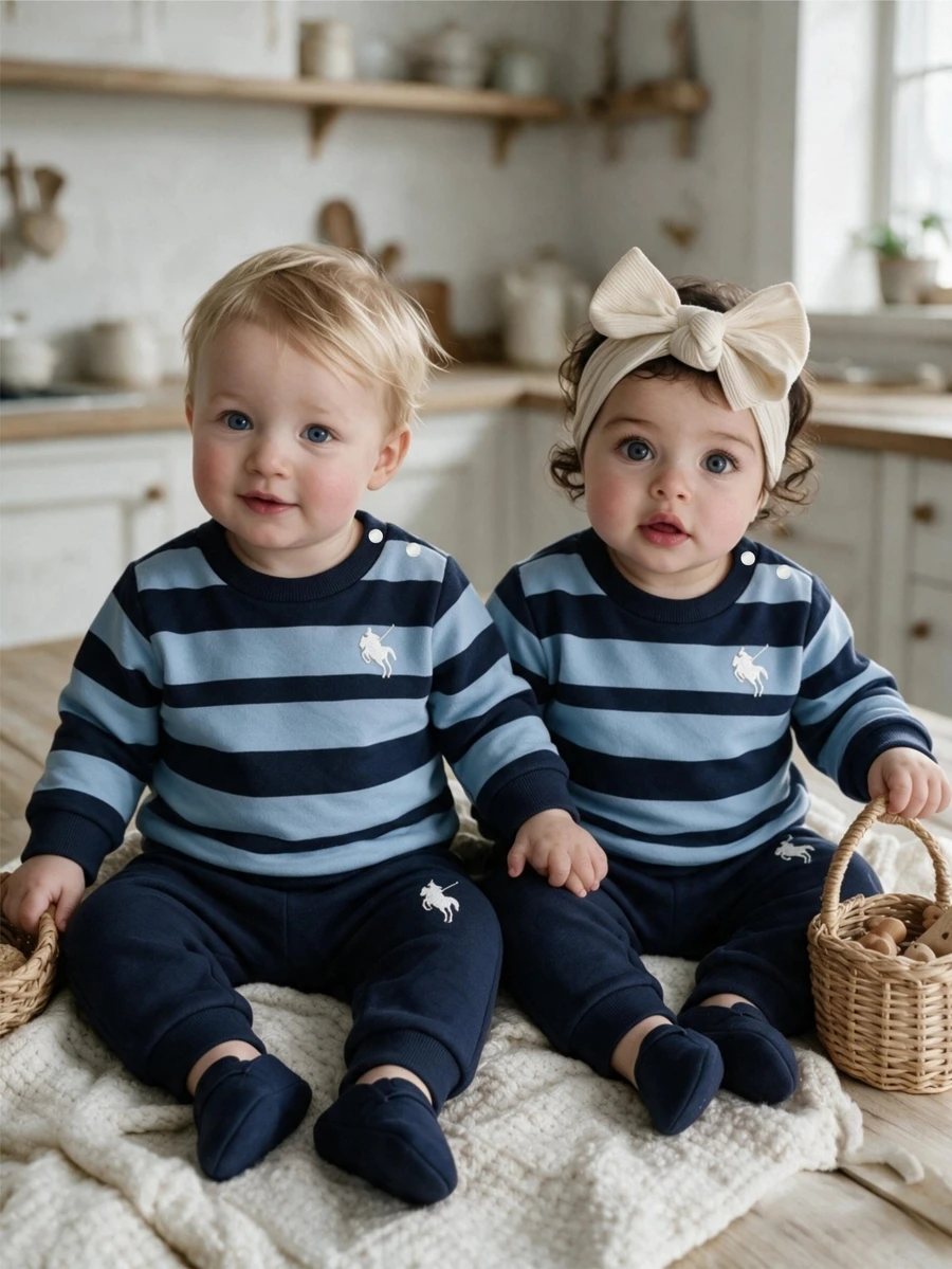 SHEIN 2pcs Baby Boys Sweatshirt Pants Set Preppy Navy Striped Horse Logo Ribbed Cuffs Long Sleeve Round Neck Regular Outdoor Fall Holiday Jumpers - Navy Blue - View 1