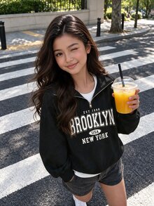 SHEIN Sparklyn 青少年女孩休閒時尚條紋基本款拉鍊運動衫，可愛簡約針織寬鬆短版花卉上衣，適合秋冬冬季 - 黑色 - 查看 3