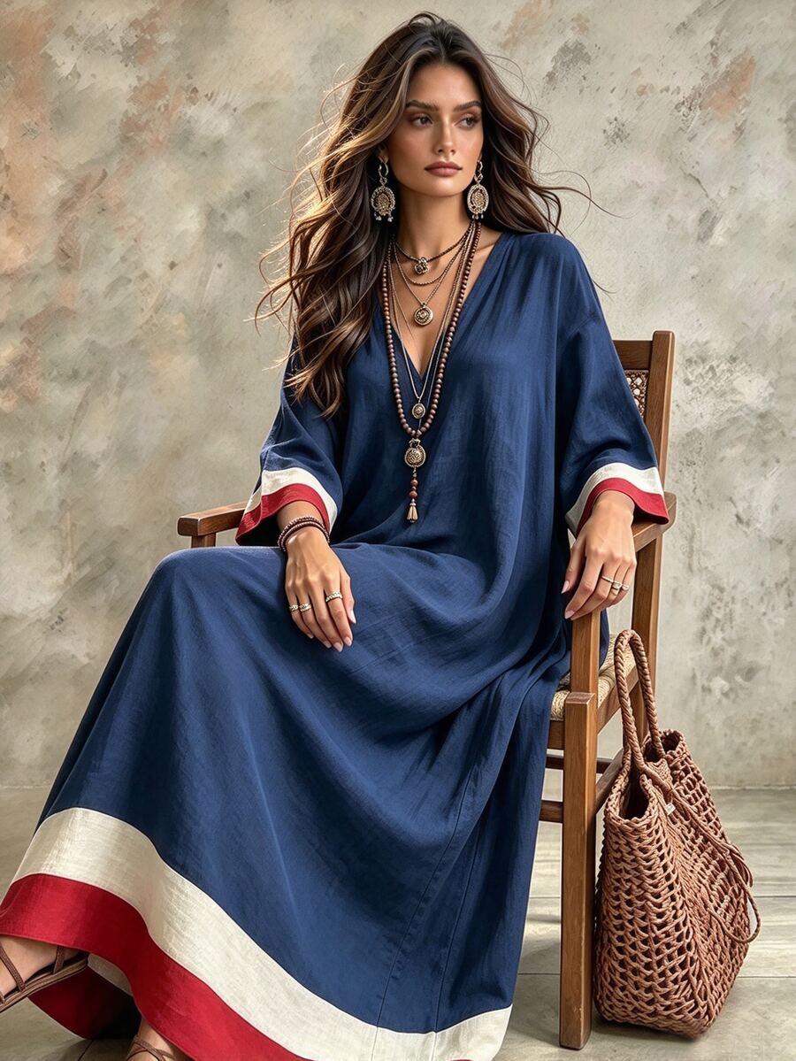 Linhara CURVE Plus Size Vacation Casual Racing Colorblock Navy Blue Dress Brunch Formal Autumn Fall - Navy Blue - View 1