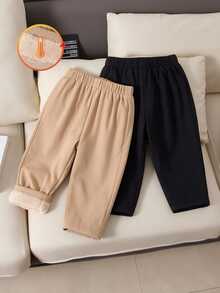 SHEIN Boys' Simple Solid Color Loose Fleece-Lined Thick Casual Straight-Leg Pants, Suitable For School And Outings, Black And Beige Winter Style - Multicolor - View 3