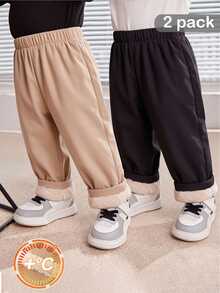 SHEIN Boys' Simple Solid Color Loose Fleece-Lined Thick Casual Straight-Leg Pants, Suitable For School And Outings, Black And Beige Winter Style - Multicolor - View 1