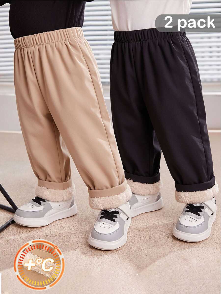 SHEIN Boys' Simple Solid Color Loose Fleece-Lined Thick Casual Straight-Leg Pants, Suitable For School And Outings, Black And Beige Winter Style - Multicolor - View 1
