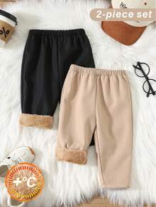 SHEIN Boys' Simple Solid Color Loose Fleece-Lined Thick Casual Straight-Leg Pants, Suitable For School And Outings, Black And Beige Winter Style - Multicolor - View 5