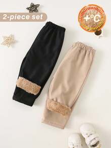 SHEIN Boys' Simple Solid Color Loose Fleece-Lined Thick Casual Straight-Leg Pants, Suitable For School And Outings, Black And Beige Winter Style - Multicolor - View 4