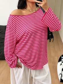 Coolane 女款大尺碼秋季優雅 90s 80s 街頭風 外出正式 Y2K 休閒寬鬆不對稱領長袖淡粉色T恤 - 彩色 - 查看 7
