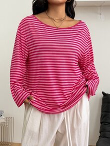 Coolane 女款大尺碼秋季優雅 90s 80s 街頭風 外出正式 Y2K 休閒寬鬆不對稱領長袖淡粉色T恤 - 彩色 - 查看 4