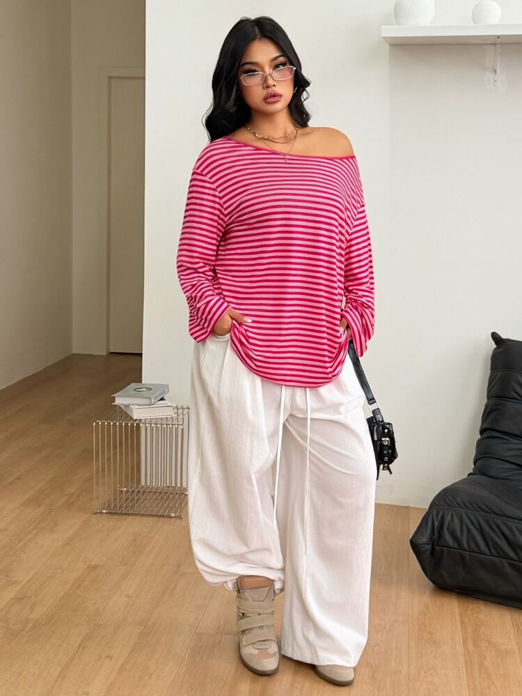 Coolane Women's Plus Size Autumn Elegant 90s 80s Streetwear Going Out Formal Y2K Casual Oversize Asymmetrical Neck Long Sleeve Pastel Pink T-Shirt - Multicolor - View 2