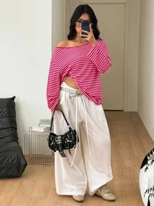 Coolane 女款大尺碼秋季優雅 90s 80s 街頭風 外出正式 Y2K 休閒寬鬆不對稱領長袖淡粉色T恤 - 彩色 - 查看 5
