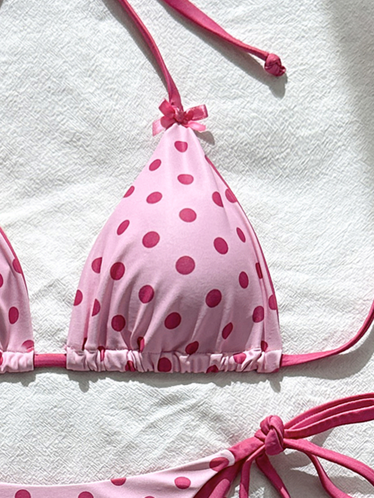 SHEIN Swim Women's Spring/Summer New Polka Dot Print Bow Decor V-Neck Halter Backless Triangle Top Tie-Up Bikini Bottoms Full Coverage Bikini Set 3pcs - Pink - View 7