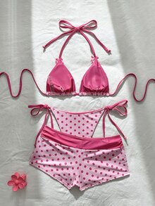 SHEIN Swim Women's Spring/Summer New Polka Dot Print Bow Decor V-Neck Halter Backless Triangle Top Tie-Up Bikini Bottoms Full Coverage Bikini Set 3pcs - Pink - View 10