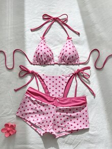 SHEIN Swim Women's Spring/Summer New Polka Dot Print Bow Decor V-Neck Halter Backless Triangle Top Tie-Up Bikini Bottoms Full Coverage Bikini Set 3pcs - Pink - View 7