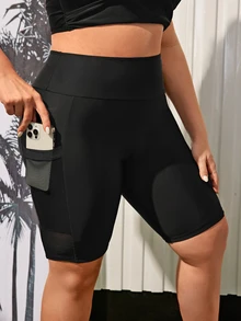 SHEIN Swim Curve 女式大尺碼泳褲,寬腰帶和手機袋 - 黑色 - 查看 3