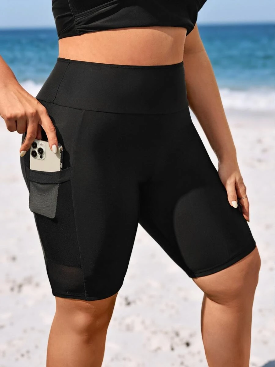 SHEIN Swim Curve 女式大尺碼泳褲,寬腰帶和手機袋 - 黑色 - 查看 1