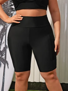 SHEIN Swim Curve 女式大尺碼泳褲,寬腰帶和手機袋 - 黑色 - 查看 8