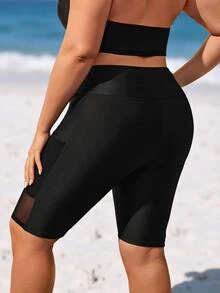 SHEIN Swim Curve 女式大尺碼泳褲,寬腰帶和手機袋 - 黑色 - 查看 2