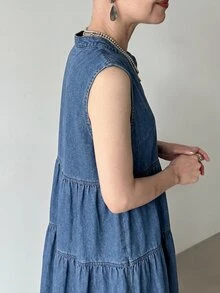 FRIFUL 女士休闲前开襟纽扣宽松无袖牛仔连衣裙，夏季女式连衣裙 - 藍色 - 查看 2
