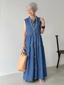 FRIFUL 女士休闲前开襟纽扣宽松无袖牛仔连衣裙，夏季女式连衣裙 - 藍色 - 查看 1