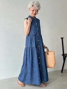 FRIFUL 女士休闲前开襟纽扣宽松无袖牛仔连衣裙，夏季女式连衣裙 - 藍色 - 查看 5