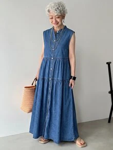 FRIFUL 女士休闲前开襟纽扣宽松无袖牛仔连衣裙，夏季女式连衣裙 - 藍色 - 查看 3