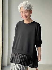 FRIFUL Women's Solid Color Cotton Blend Round Neck Long Sleeve T-Shirt With Pleated Hem, Loose And Casual - Black - View 9