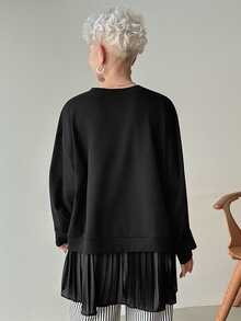 FRIFUL Women's Solid Color Cotton Blend Round Neck Long Sleeve T-Shirt With Pleated Hem, Loose And Casual - Black - View 4