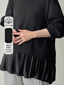 FRIFUL Women's Solid Color Cotton Blend Round Neck Long Sleeve T-Shirt With Pleated Hem, Loose And Casual - Black - View 3