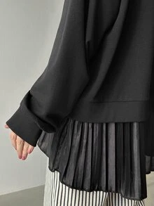 FRIFUL Women's Solid Color Cotton Blend Round Neck Long Sleeve T-Shirt With Pleated Hem, Loose And Casual - Black - View 6