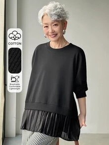FRIFUL Women's Solid Color Cotton Blend Round Neck Long Sleeve T-Shirt With Pleated Hem, Loose And Casual - Black - View 10