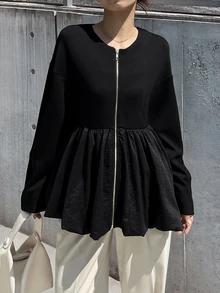 FRIFUL Middle-Aged Women's Autumn Solid Color Metal Zipper Bud Hem Regular Jacket - Black - View 11