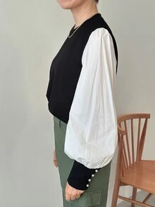 FRIFUL Women's Casual Colorblock Lantern Sleeve Sweatshirt, Autumn - Black - View 5