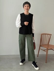 FRIFUL Women's Casual Colorblock Lantern Sleeve Sweatshirt, Autumn - Black - View 2