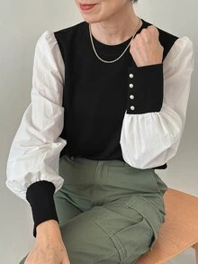FRIFUL Women's Casual Colorblock Lantern Sleeve Sweatshirt, Autumn - Black - View 6