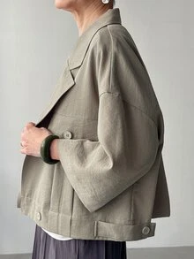 FRIFUL Women's Casual Lapel Collar Dropped Shoulder Loose Short Jacket, Suitable For Spring And Autumn Daily Commute - Grey - View 7