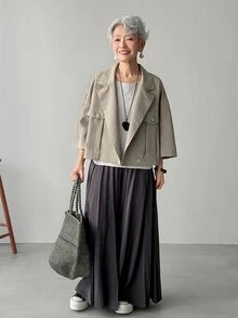 FRIFUL Women's Casual Lapel Collar Dropped Shoulder Loose Short Jacket, Suitable For Spring And Autumn Daily Commute - Grey - View 1