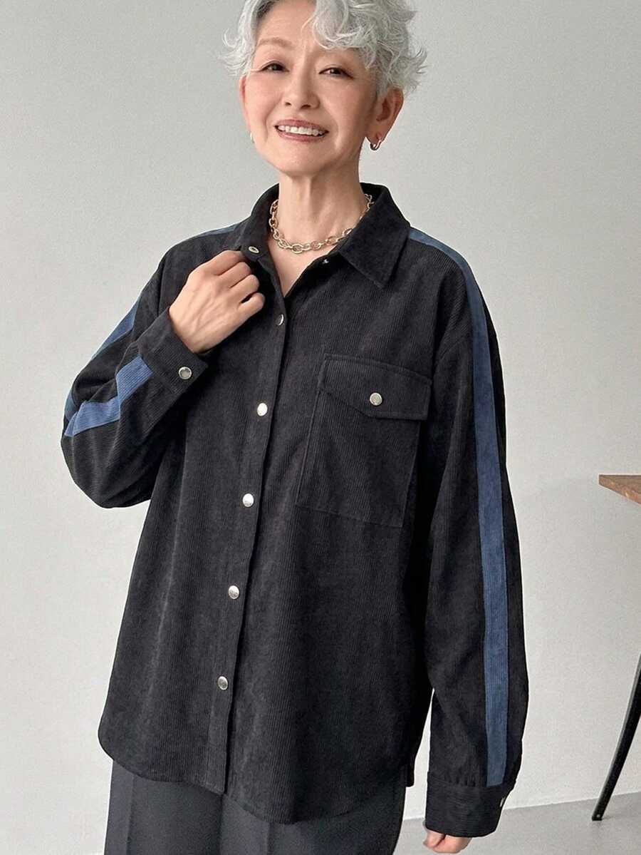 FRIFUL Middle-Aged Women's Autumn Colorblock Corduroy Shirt - Grey - View 1